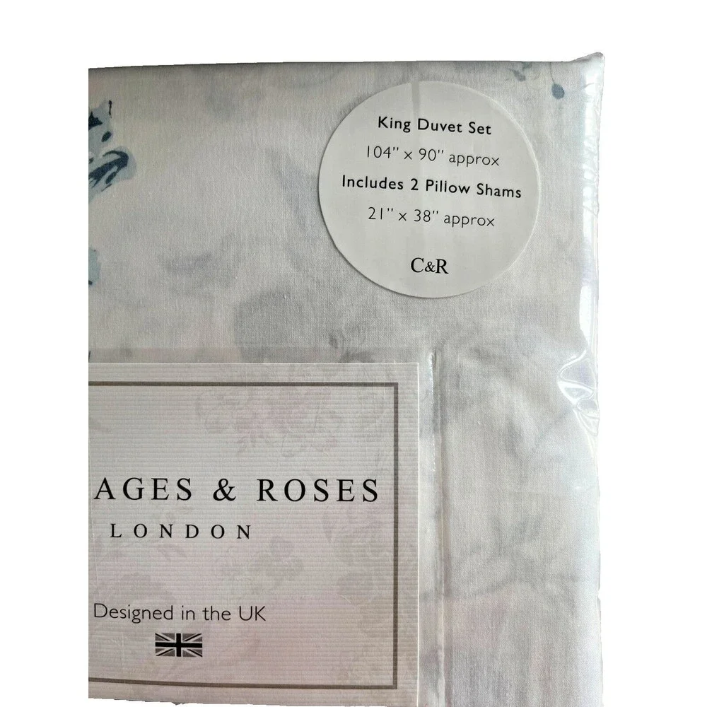 Cabbages and Roses London King Duvet Cover plus 2 Shams Set Constance Blue White